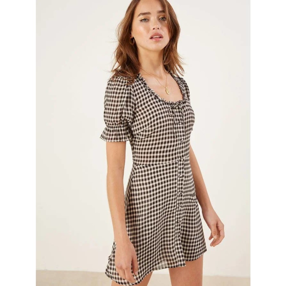 Reformation Check Print Page Short Sleeve Mini Dress Black White Size 10
